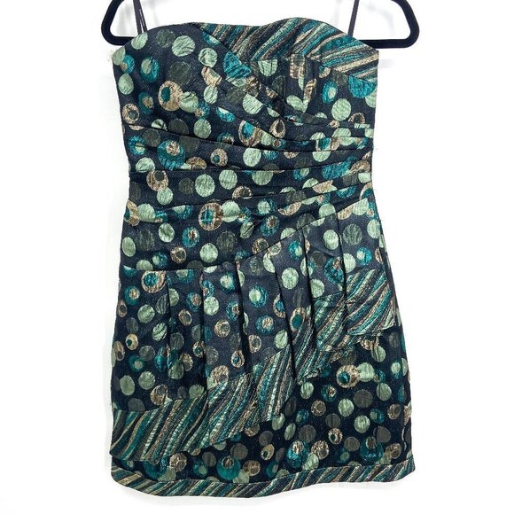 PHOEBE COUTURE Green Gold Metallic Asymmetrical Strapless Mini Dress Size 4 - Picture 1 of 7